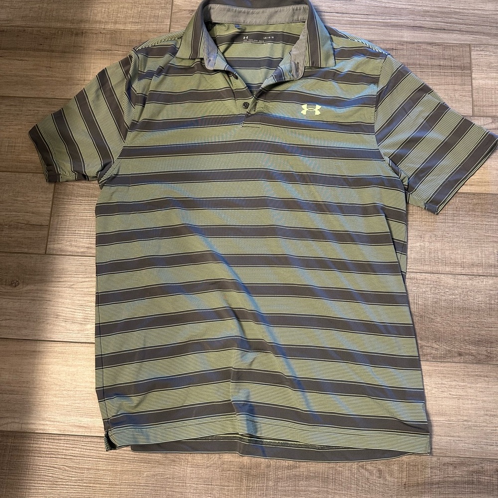Men’s Large Under Armor Green and Gray Striped Polo Shirt - Picture 2 of 3